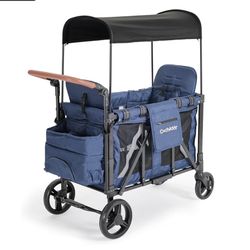 2 Seater Wagon Stroller for Kids, Foldable Stroller Wagon with Removable Seats & Canopy, 5-Point Safety Harness, Adjustable Handle, Blue