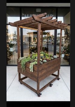Handcrafted Wood Plant Display Cart w/ Pergola Top (36x48x76)