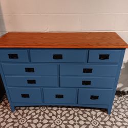Refinished Blue and Colonial Maple Top Eight Drawer Dresser