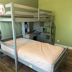 Grey Bunkbed. Built in Desk And Storage