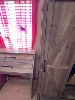 Matching barn door fold out desk and shelf cabinet