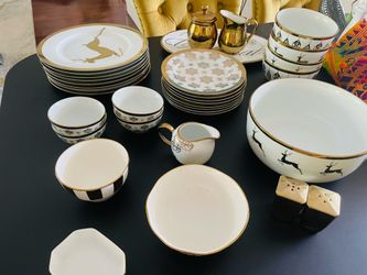 Christmas gold and white set for 4 including gold flatware and serving plates