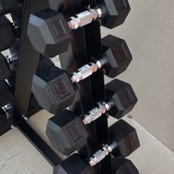 
   RUBBER HEX DUMBBELLS SET:
    5lb - 30lb.  WITH RACK.
    