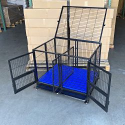 New $165 Folding Heavy Duty Dog Cage 41x31x34” Double-Door Stackable Kennel w/ Divider, Plastic Tray 