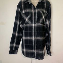 Black plaid button down long sleeve shirt size large.   (T)