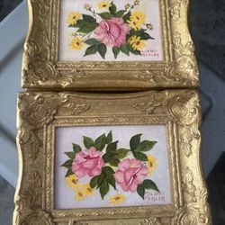 Set of 2 Collectible Handpainted Gold Ornate Frame Rose Camilla Artwork Paintings 11.5 x 9.5