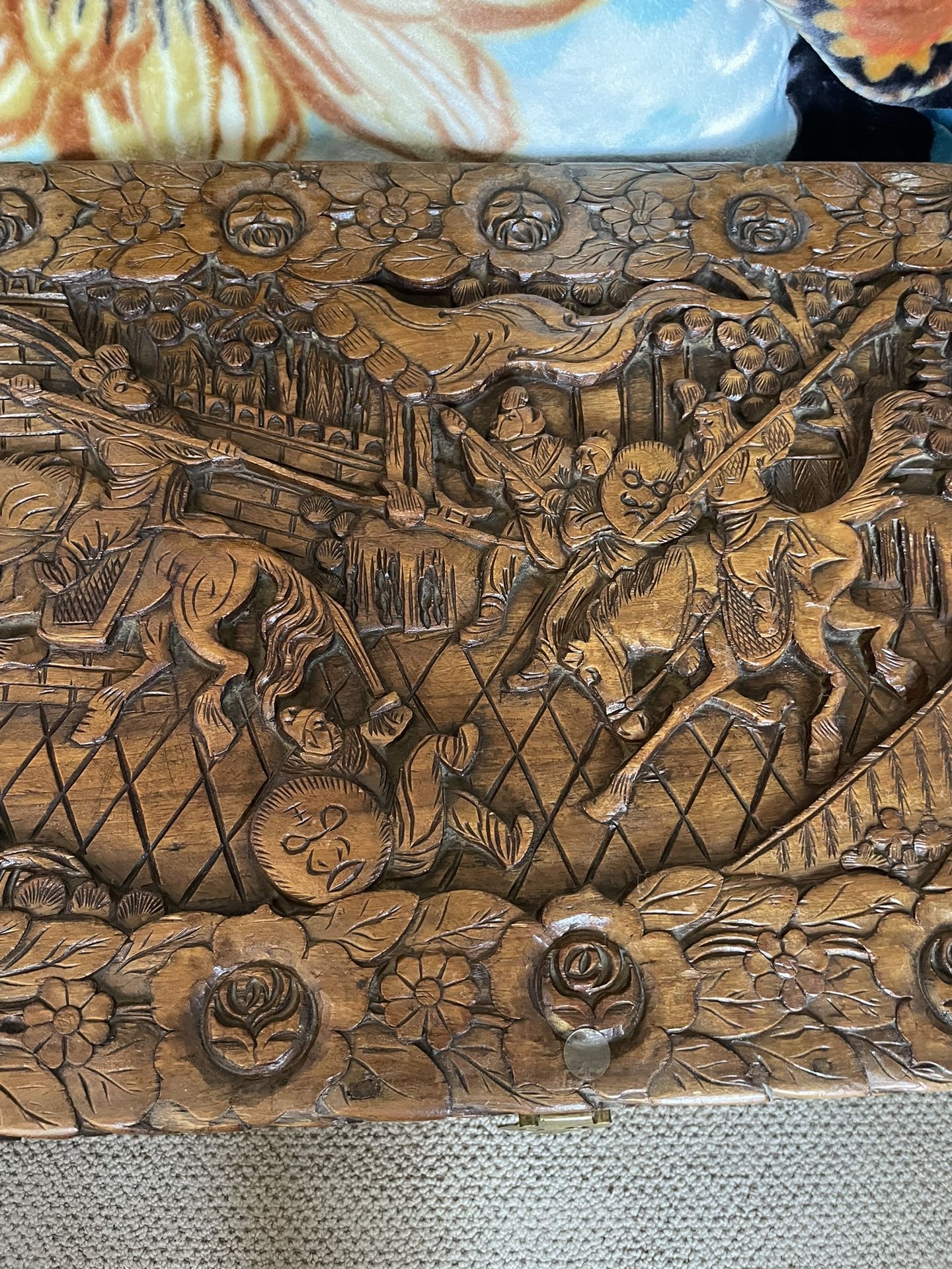 Vintage Chinese Carved Camphor Wood Hope Chest with Glass Cover 40x20x20