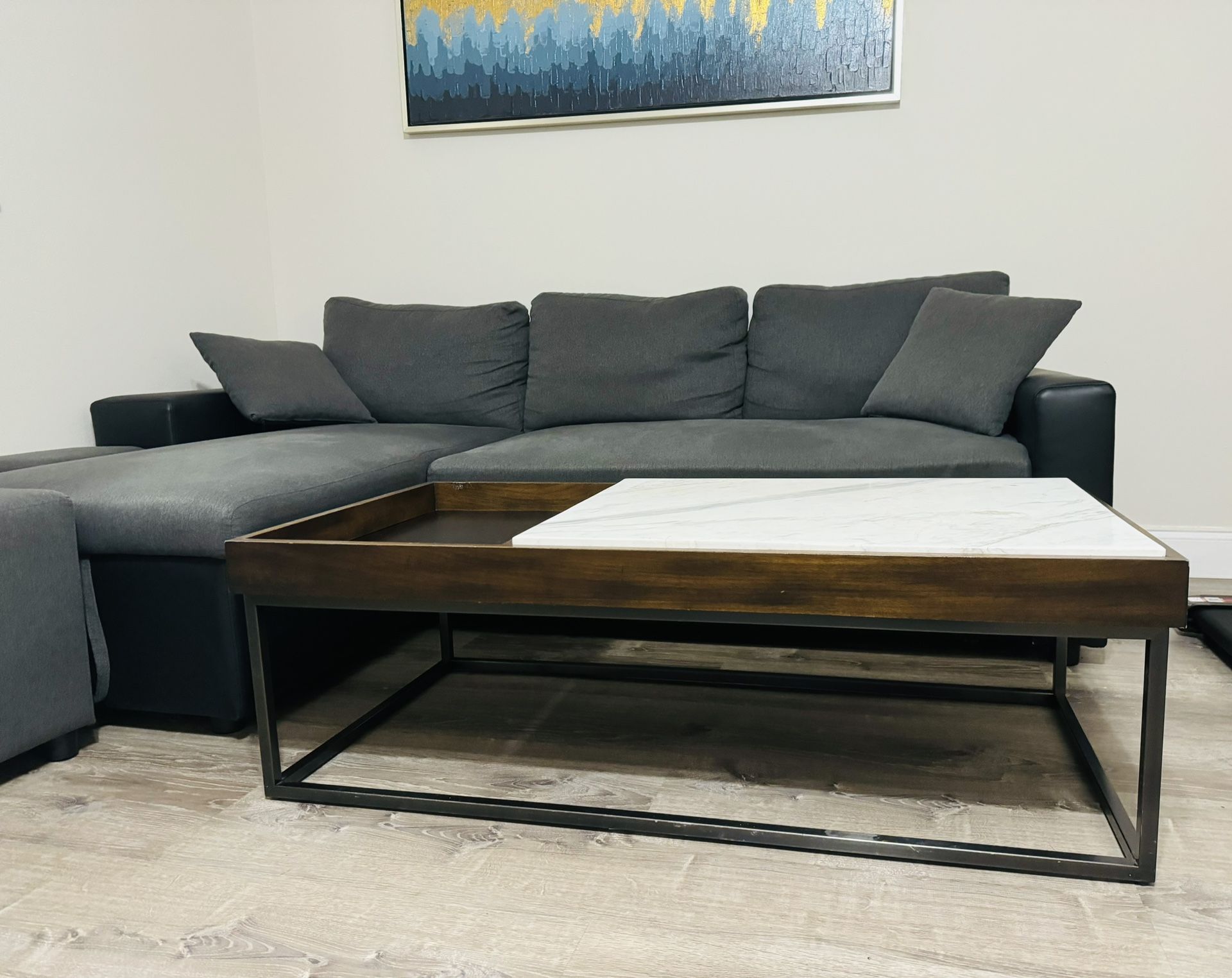 Couch, sleeping sofa, leather, fabric, grey/black