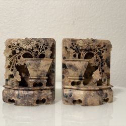 Bookends Carved Soapstone Asian Floral Planter Pot Design 