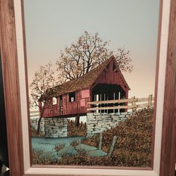 Vintage H. Hargrove Oi, Canvas Red Covered Bridge Signed 16x12 Frame 16x20