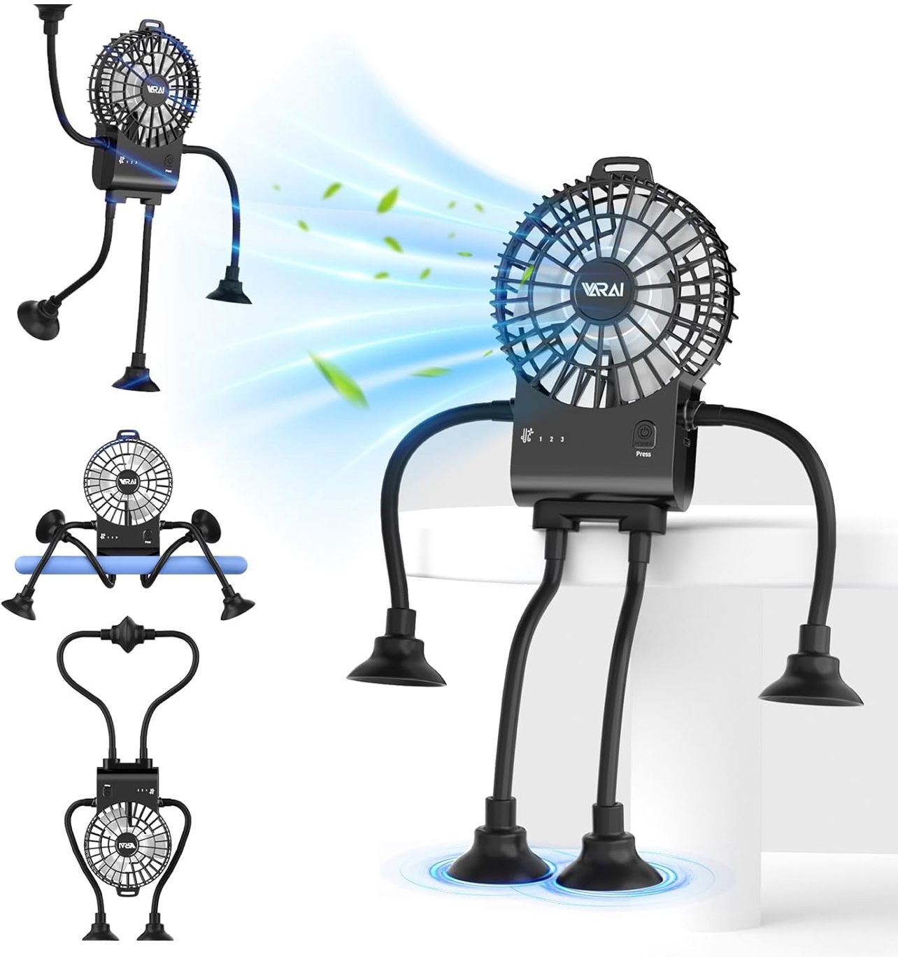 Freestyle Small Robot Fan, Fun Desk Fan with Suckers, Rechargeable Portable Fan and Phone Stand 2 in 1 for Office, Travel and Cars, Black