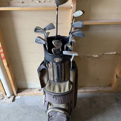 Golf Set: Tommy Armour 845s Irons (Vintage!), driver, puttter, pitching wedge, sand wedge, glove, shoes, balls, and bag!