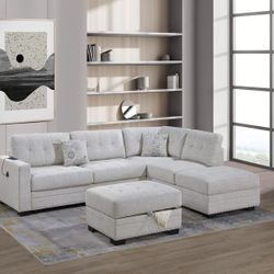 Brand New Taupe Sectional Sofa w Storage Ottoman 