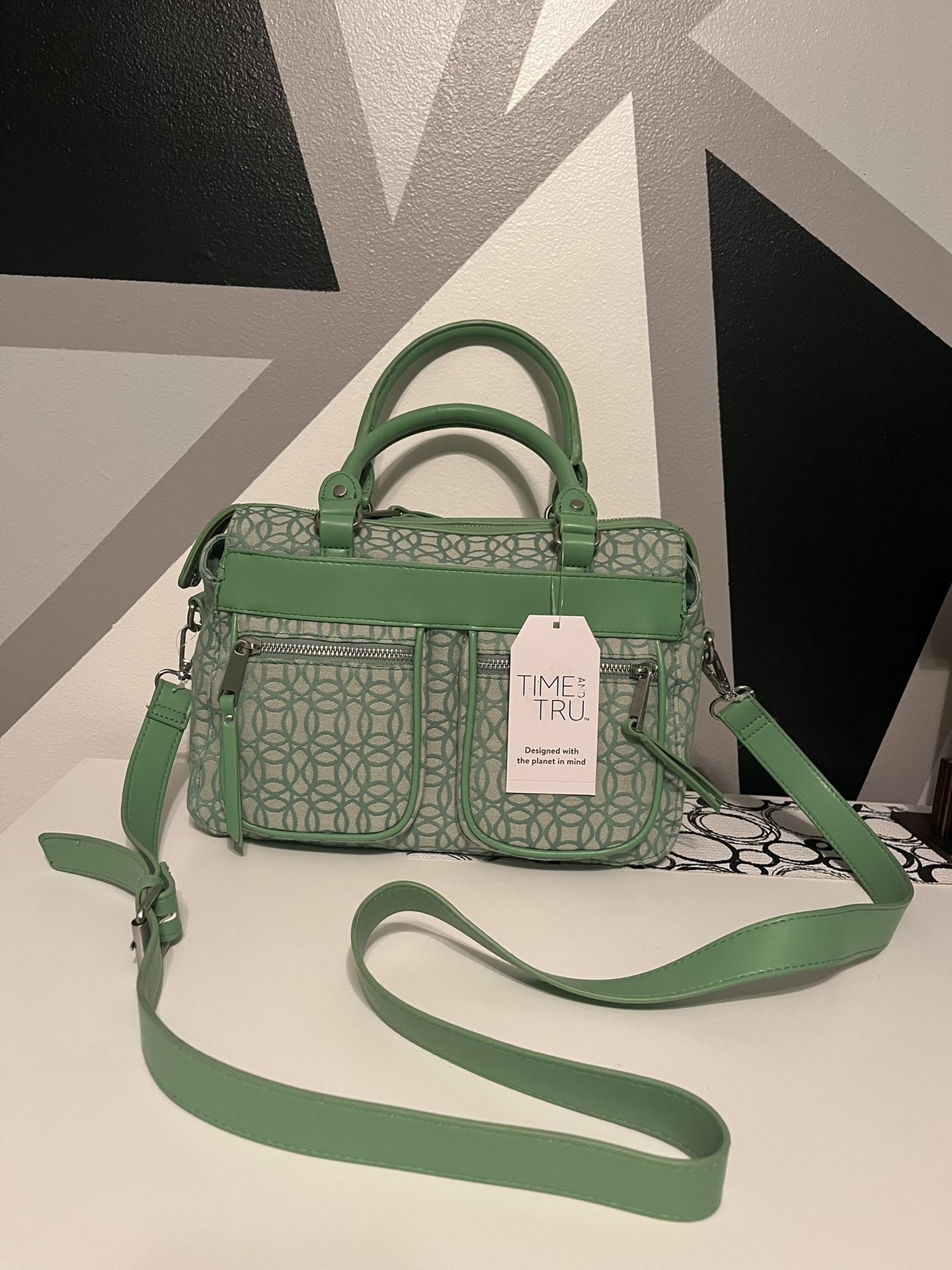Time and Tru Women's Beckett Satchel Handbag, Green Jacquard