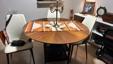 Round Walnut Dining Table with Storage Base