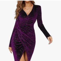 Women's V Neck Long Sleeve Velvet Dress Elegant Ruched Bodycon Cocktail Party Fall Wedding Guest Dresses,