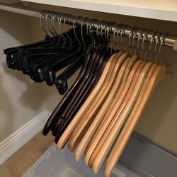 16 Wooden Clothes Hangers + 11 Plastic Pants Hangers