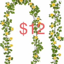 Artificial Roses Vines Flowers Garland Hanging Silk Rose Vine Floral Garland Yellow UV Resistant Realistic Faux Hanging Flowers Plants Fake Ivy Vines 