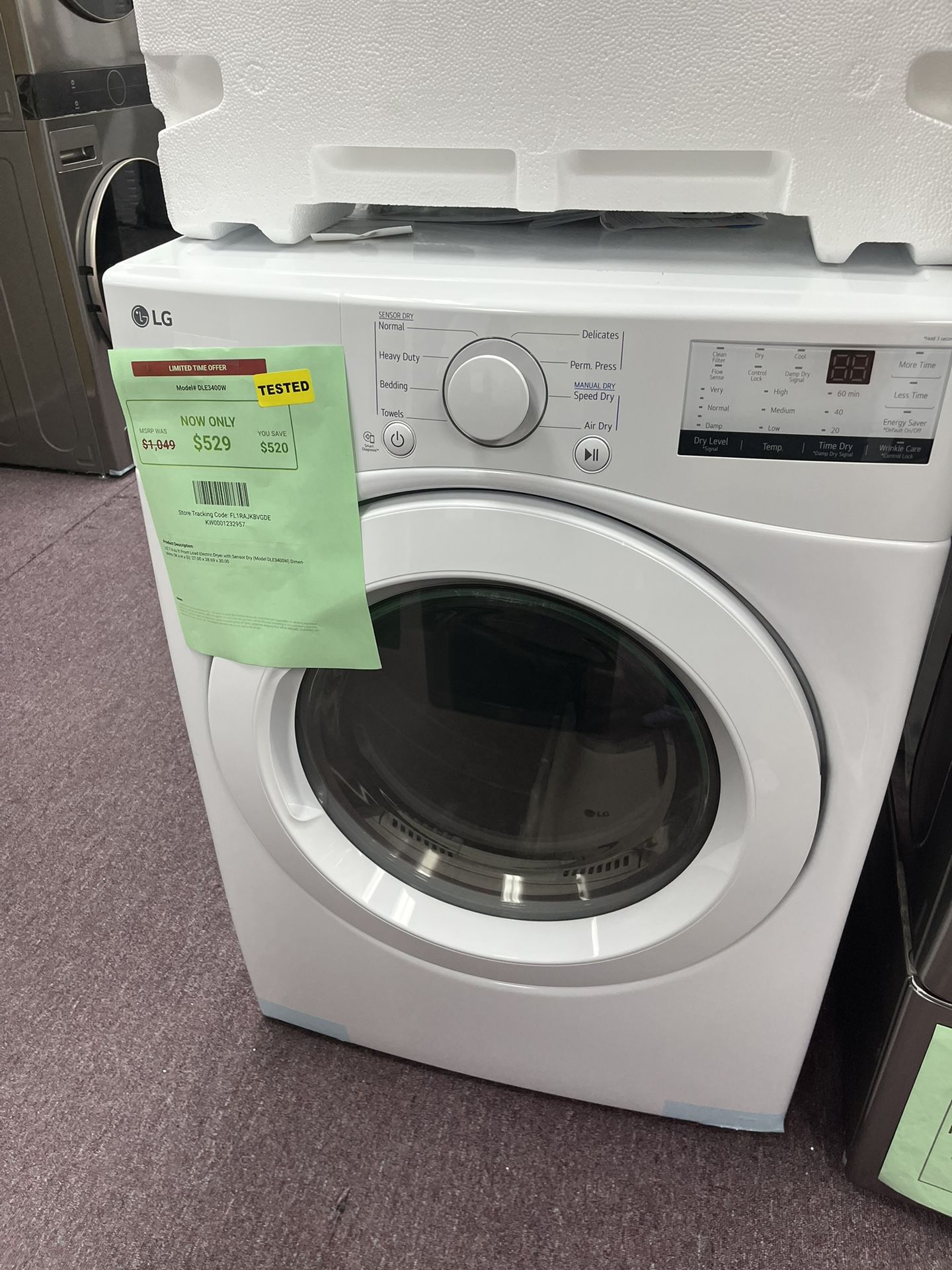 Dryer, LG New Open Box 27” Wide 7.4 Cu.ft Dryer