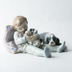 Lladro "Sweet Dreams" Sleeping Boy With Puppies / Dog