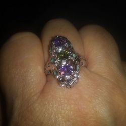 925 Sterling Silver Amethyst & Peridot Vintage Ring - Size 6