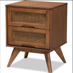 Baxton Barrett 2 Drawer Nightstand in Walnut Brown Finish & Poly Rattan
