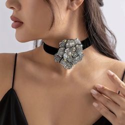 Brand New Gorgeous Flower Choker Embellished with Rhinestones in Black Velvet