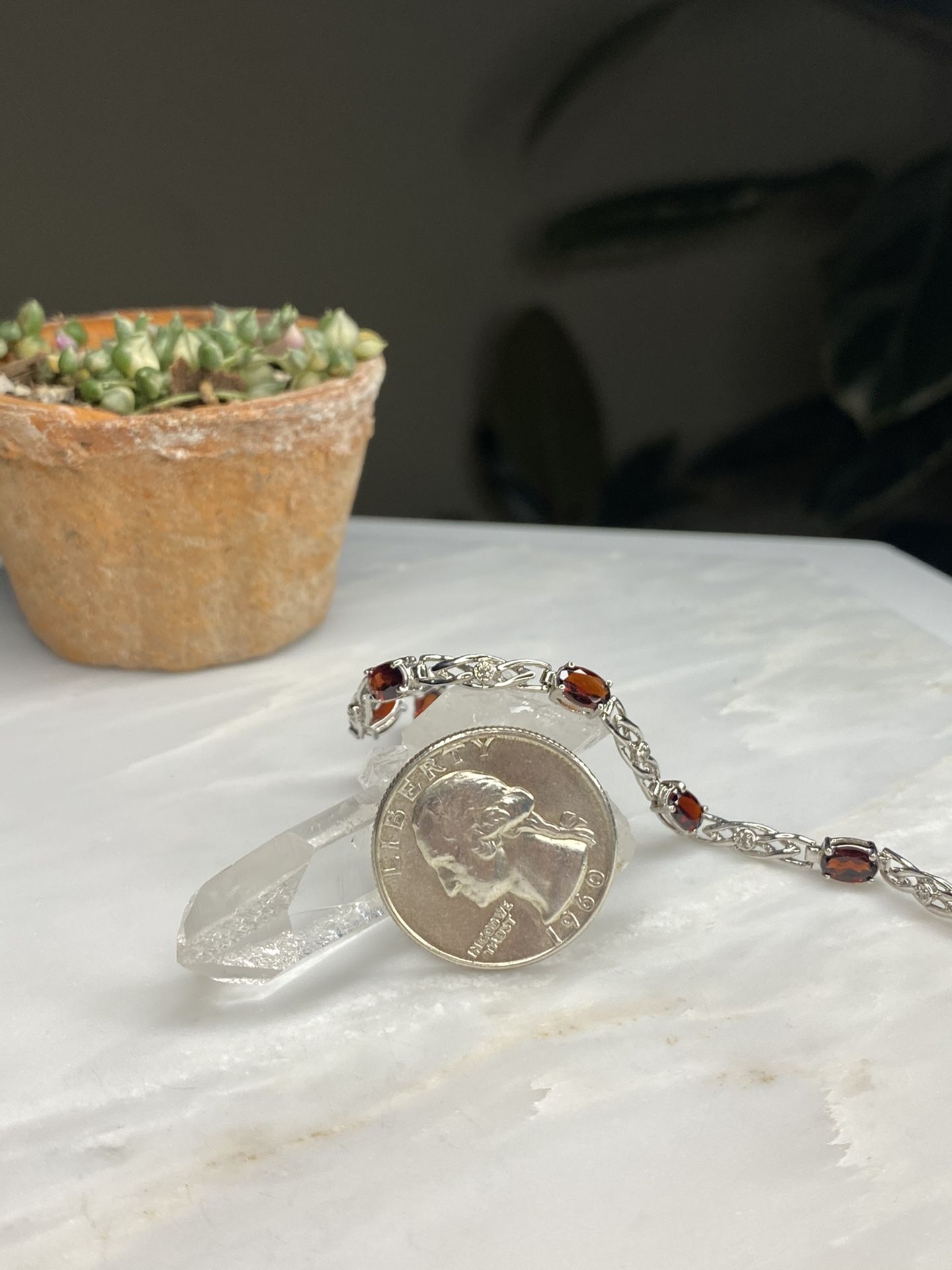 Real 10kt White Gold Garnet & Diamond Bracelet
