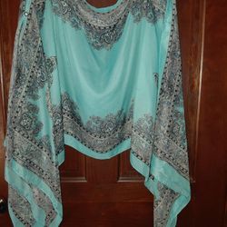 Teal Multi Purpose Chiffon Shawl, Poncho, Cover Up. With Black & White Paisley Pattern, Delicate Buttons, Cold Shoulder/sleeve Design
