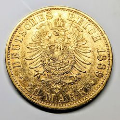 Raw 1889 Kingdom of Prussia (German States) 20 Mark Gold Coin