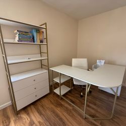 L Shape Desk, Chair And Book Shelf 