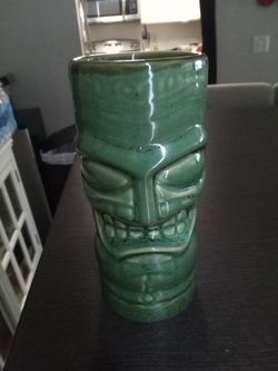Vintage Tiki Mug Satin Green Ceramic Tumbler 6.75" High
