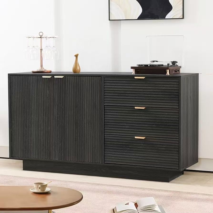 Gray Sideboard Cabinet With 3 Storage Drawers And Cabinet Doors With Shelves