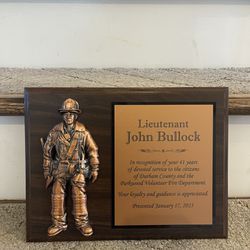 9 x 12 Inch Walnut Plaque with Bronze Firefighter with Emblem and Plate
