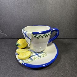 Bella Casa by Ganz Napkin Lemon & Lemon Slices Teacup & Saucer Blue Green Yellow