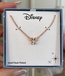 DISNEY MINNIE MOUSE HEAD BOW CRYSTAL RHINESTONE ROSE GOLD TONE APRIL BIRTHSTONE PENDANT NECKLACE