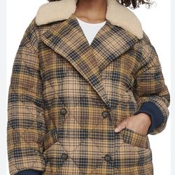 LEVI’s Quilted Plaid Double Breasted Coat with High Pile Fleece Collar NWOT