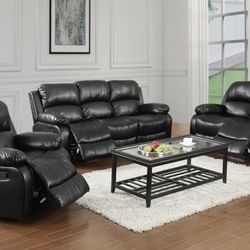 Black Leather Fully Reclining Three Piece Couch Set