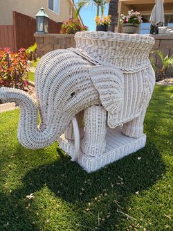 White Wicker Elephant Side Table