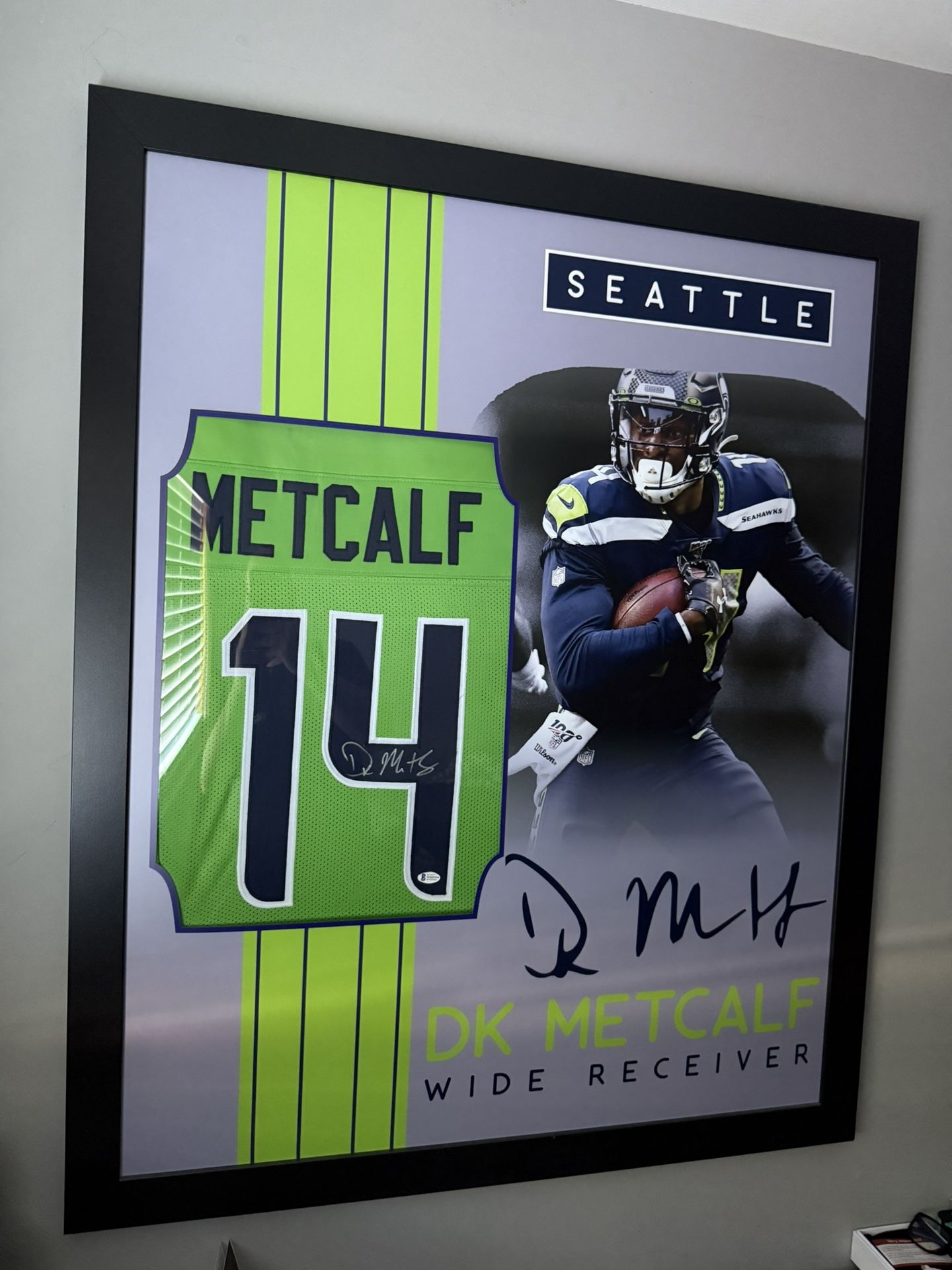 DK Metcalf Signed 35x43 Framed Custom Jersey Display - Beckett COA