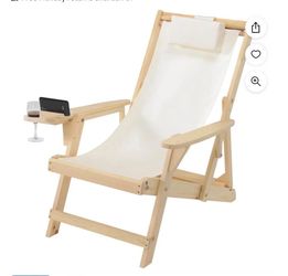 Romantic Collection Canvas Sling Chair with Cup Holder Natural Frame Beige Cushion