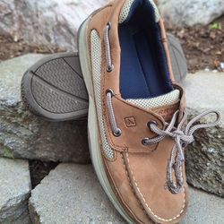 Sperry Top Sider Lanyard Boys Brown Leather Boat Shoes Size 5.5