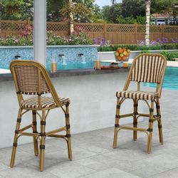 PURPLE LEAF French Counter Height Bar Stools Set of 2 Bamboo Print Woven Wicker Counter Patio Chair with High Back for Kitchen Outdoor Counter Stools,
