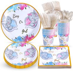 Atonofun Gender Reveal Party Supplies, Gender Reveal Plates And Napkins Set, Elephant Baby Shower Plates, Cups, Napkins, Cutlery For Boy Or Girl Gende