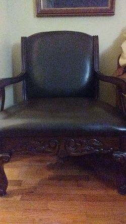 Oversized Solid Wood Carved Chair W/ Leather Cushion