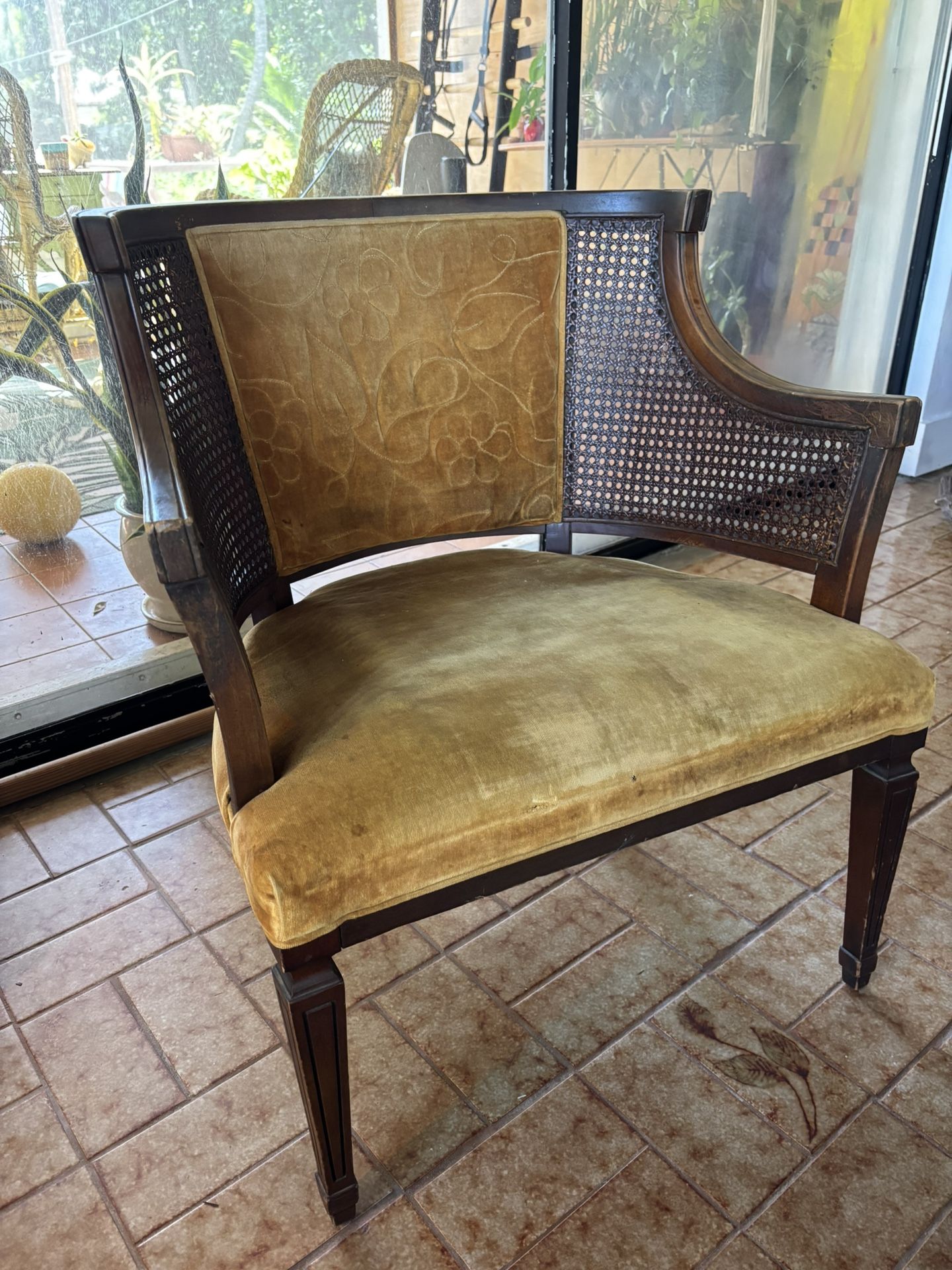 Vintage Solid Wood, Wicker, and Velvet Chair