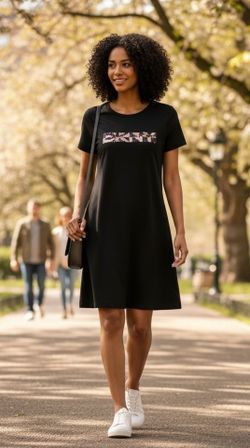 DKNY Women's Size XL Logo-Print Cotton-Blend Jersey Crewneck Black Sport Dress. This DKNY black t-shirt dress features a distinctive sequined logo acr