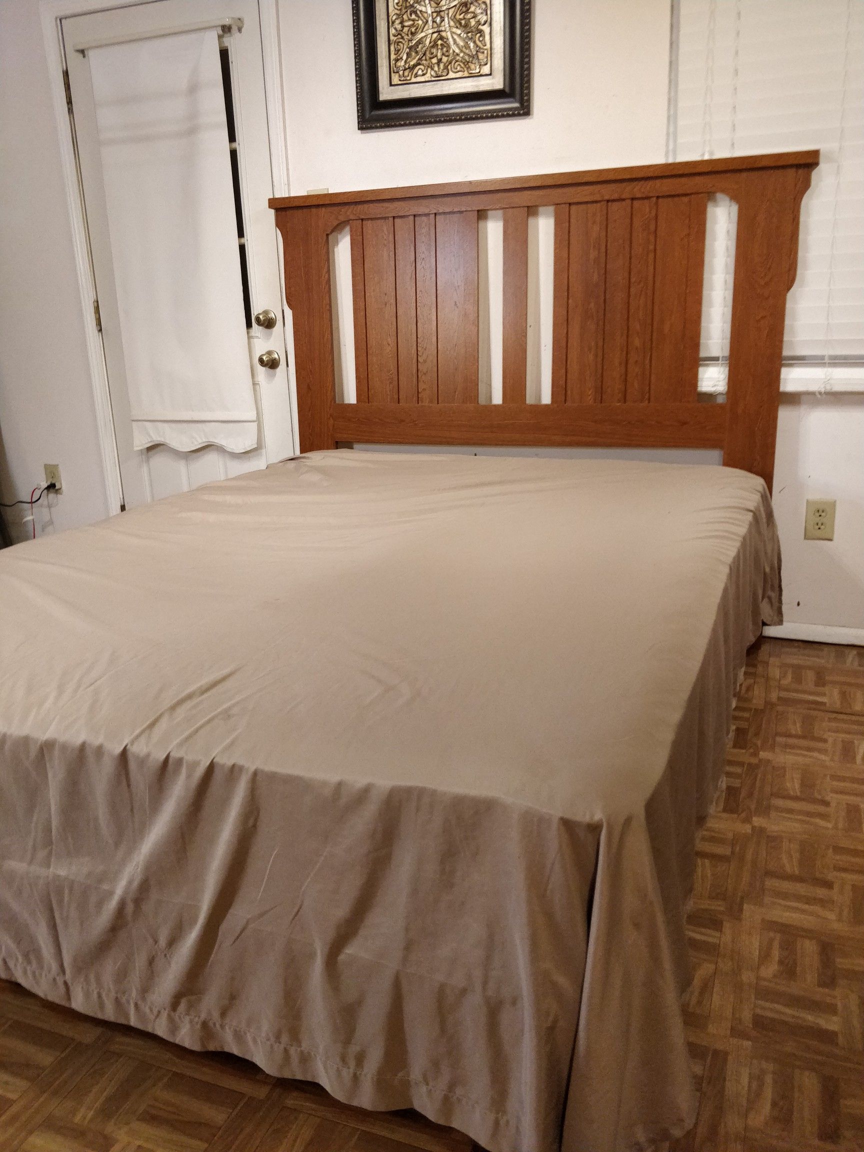 Nice queen bed frame with mattress and box spring in very good condition, pet free smoke free.