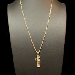 22” 2.5mm 14K Yellow Gold Rope Chain With 14k Sante Muerte Pendant 