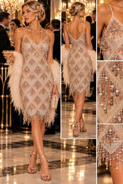 1920s Gatsby Flapper Dress Champagne Sequin Beaded Fringe Cocktail Party sz S